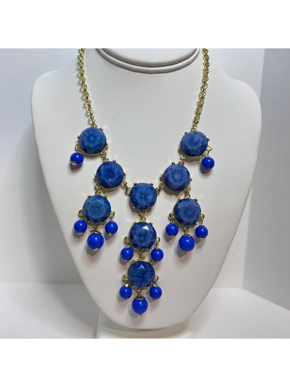 Boho Gold Tone And Blue Lucite Drape Bib Necklace With Rolo Chain (6359)